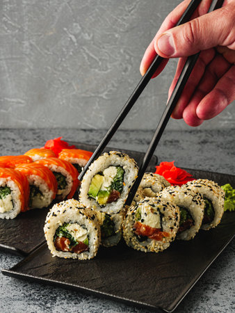 Fresh Sushi Rolls with Salmon and Tuna, Japanese Cuisine on a Gourmet Seafood Plate.の写真素材