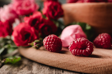 Fresh Raspberries: Juicy, Ripe Berries for a Healthy Summer Snack on a Wooden Background.の写真素材