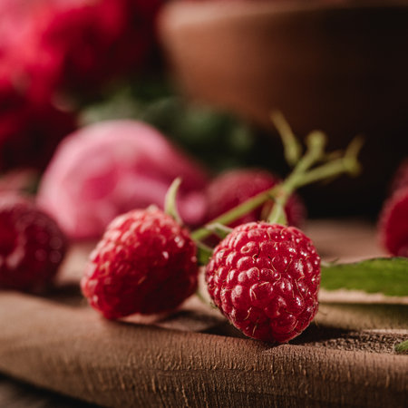 Fresh Raspberries: Juicy, Ripe Berries for a Healthy Summer Snack on a Wooden Background.の写真素材