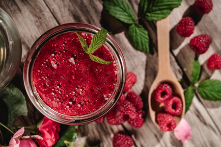 Fresh Raspberries: Juicy, Ripe Berries for a Healthy Summer Snack on a Wooden Background.の写真素材