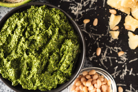 Homemade Pesto Sauce with Pine Nuts and Basil: Ingredients on Black Background.の写真素材