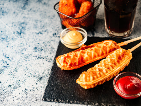 Street Food Corn Dog with Ketchup Mustard and Fries on Rustic Plate with Cola Fast Snack Meal.の写真素材