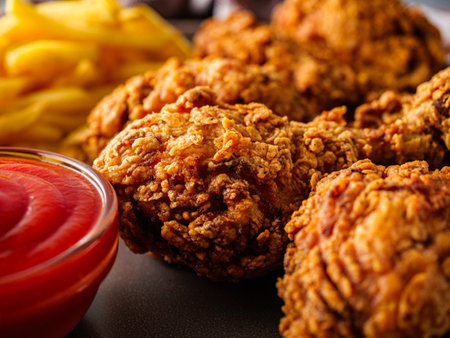 Crispy Fried Chicken with Golden French Fries, Delicious American Fast Food Meal, Hot and Crunchy.の写真素材