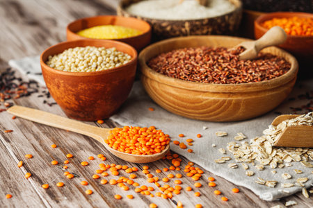 Mixed Grains and Cereals Lentils Rice Buckwheat Oatmeal Organic Healthy Vegan Protein Diet Nutrition.の写真素材