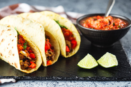 Delicious Spicy Mexican Tacos with Beef, Salsa, and Vegetables, Homemade Street Food, Healthy and Juicy Meal.の写真素材