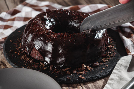 Chocolate Vanilla Marble Cake with Ganache Glaze A Decadent and Beautiful Dessert.の写真素材