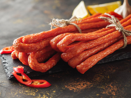 Smoked Kabanos Sausage Thin, Dry, and Flavorful Gourmet Snack.の写真素材
