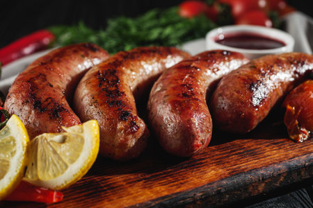 Raw and Grilled Sausage Gourmet BBQ Meat.の写真素材