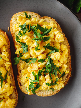 Scrambled Eggs on Toast: A Simple and Delicious Breakfast.の写真素材