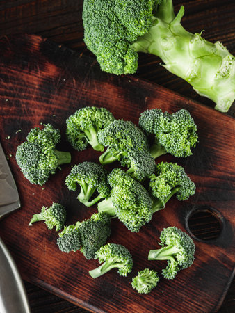 Young Woman Preparing Fresh Broccoli, Rustic Cooking.の写真素材