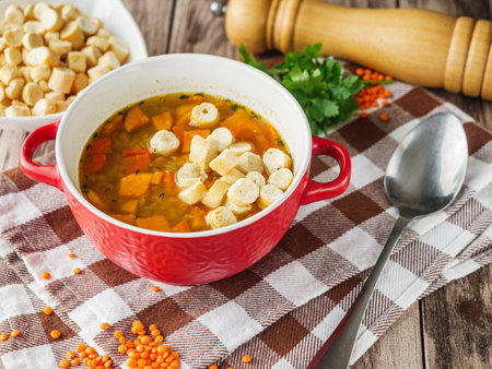 Homemade Lentil Soup with Croutons and Sweet Potatoes.の写真素材