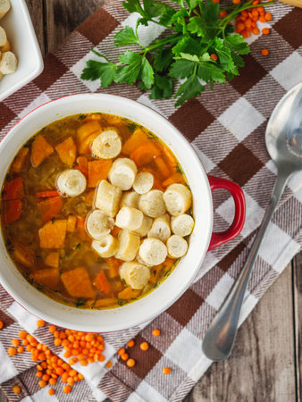 Homemade Lentil Soup with Croutons and Sweet Potatoes.の写真素材