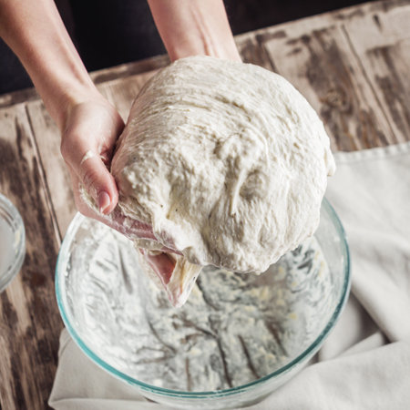 Young woman Making Homemade Focaccia Bread Traditional Italian Recipe.