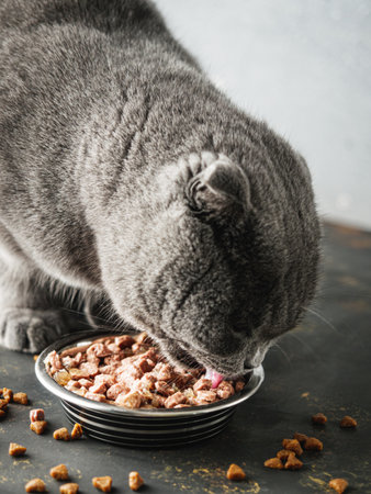 Hungry Scottish Fold Cat Eating Food.の写真素材