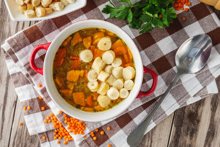 Homemade Lentil Soup with Croutons and Sweet Potatoes.の写真素材