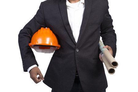 Engineer With orange Helmet and Blueprint on white backgroundの写真素材