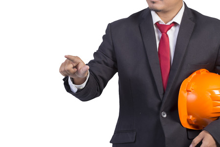 engineer orange helmet for workers security white backgroundの写真素材