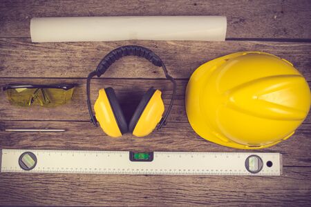 on table engineer for woking constuction Site vintage colorの写真素材