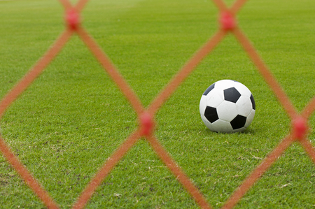 Leather soccer ball on a football stadiumの写真素材