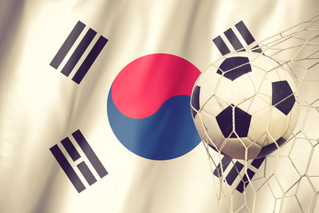 Flag of South Korea with a football in a field vintage colorの写真素材