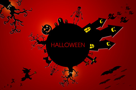 Halloween design background with spooky graveyard, naked trees, graves and batsの写真素材