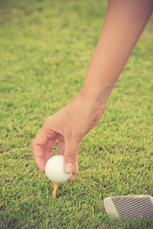 Hand hold golf ball with tee on course, close-up vintage colorの写真素材
