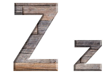 Alphabet made from wood, isolated on white background.