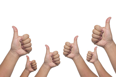 Many people congratulate a winner and holding their thumbs up on whitr backgroundの写真素材