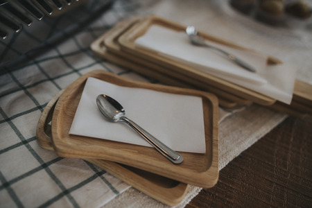 Silverware or flatware set of fork, spoon  on wooden table.Vintage color.soft focusの写真素材