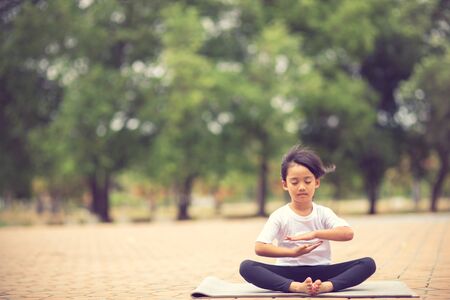 Little cute asian girl practicing yoga pose on a mat in park, Healthy and exercise conceptの写真素材