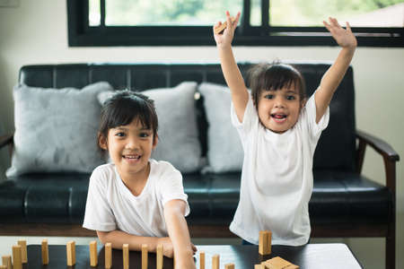 Two happy siblings playing a game with wooden blocks at home joyfullyの写真素材