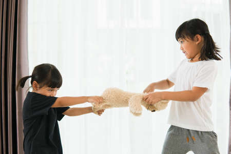 two little girl fighting over bear