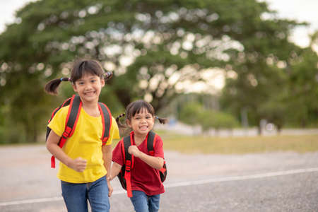 Cute Asian children holding hand together while going to the schoolの写真素材