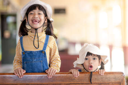 Cute little girl and sister kid boy sitting in the train. Two adorable happy healthy children having...