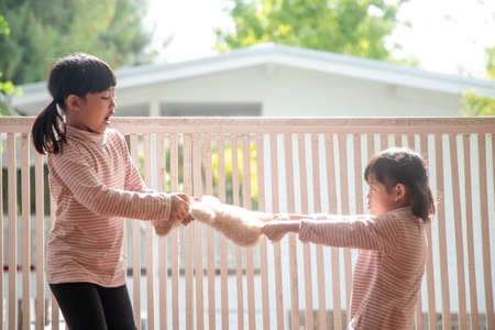 two little girl fighting over bearの写真素材