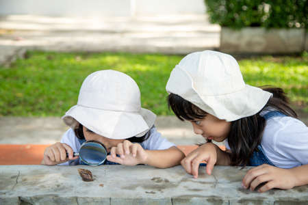 Happy kid girl exploring nature with a magnifying glass and a snail. He having fun in the garden. The concept of the kid is ready to go to school.の写真素材