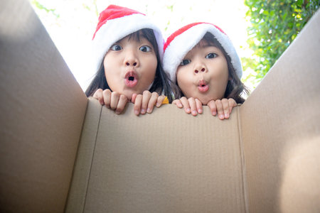 Surprised children unpack Christmas gift boxの写真素材