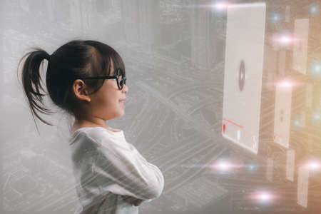 Asian girls  watching video on internet, live study, tutorial, online learning, education, home...