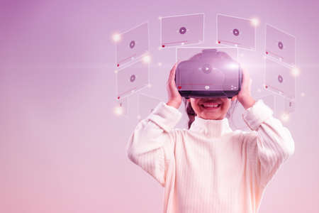 happy girl in glasses of virtual reality. Augmented reality, science, future technology concept. VR....