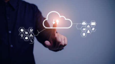Hand touching infographic cloud computing and technology icons , cloud technology is centralize...