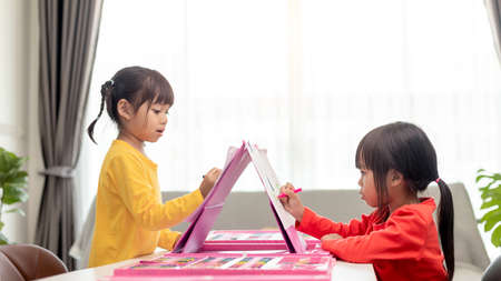 Two children draw a picture together on a sheet of paper at homeの写真素材