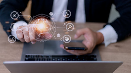 Businessman using mobile smart phone. Business global internet connection application technology and digital marketing, Financial and banking, Digital link tech, big data.の写真素材