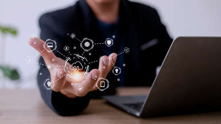 Cloud Computer technology and storage online for computer business network ideas connected to Internet server services for cloud transfer shown in the future Network of Dataの写真素材