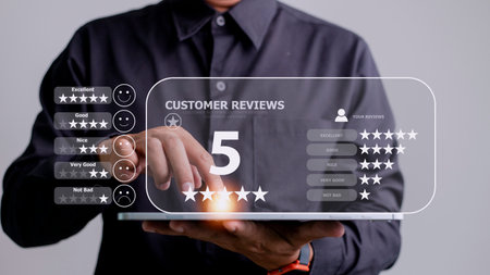 User gives rating to service experience on online application, Customer review satisfaction feedback survey concept, Customer can evaluate the quality of service leading to reputation ranking of the business.の写真素材
