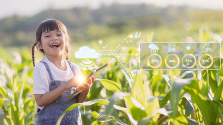 The little girl uses a tablet to analyze the growth of plants in the agricultural plot and visual icon., the agricultural technology concept. smart farming learning Conceptの写真素材