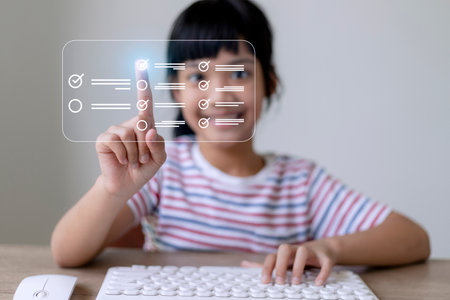 questionnaire with checkboxes, filling survey form online, answer questions of testの写真素材