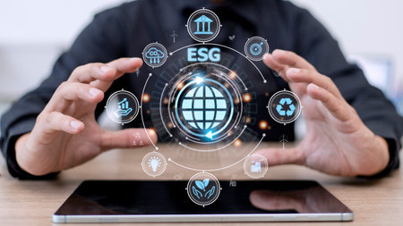 Businessman analysis ESG environmental social governance business strategy investing concept.の写真素材
