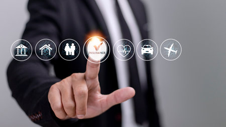 Online insurance on virtual screen. Life, car, property, health and family. Internet and digital...