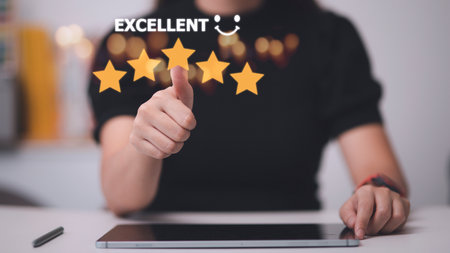 customer hand  with gold five star rating feedback icon and press level excellent rank for giving best score point to review the service, business conceptの写真素材