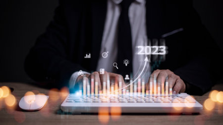 Business and Technology target set goals and achievement in 2023 new year resolution statistics graph rising revenue, planning to start up strategy, icon conceptの写真素材